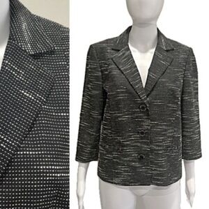Atelier Tweed Textured Blazer Womens Size 10 Black & White 3/4 Sleeve 3 Button